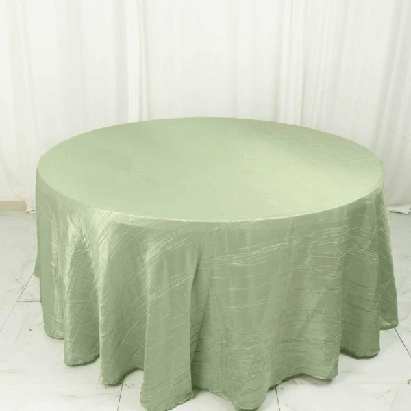 Taffeta & Velvet |  120″ Sage Green Seamless Accordion Crinkle Taffeta Round Tablecloth for 5 Foot Table With Floor-Length Drop