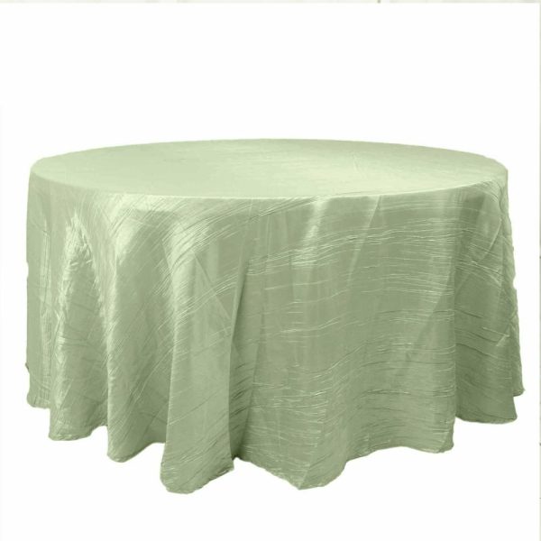 Taffeta & Velvet |  120″ Sage Green Seamless Accordion Crinkle Taffeta Round Tablecloth for 5 Foot Table With Floor-Length Drop