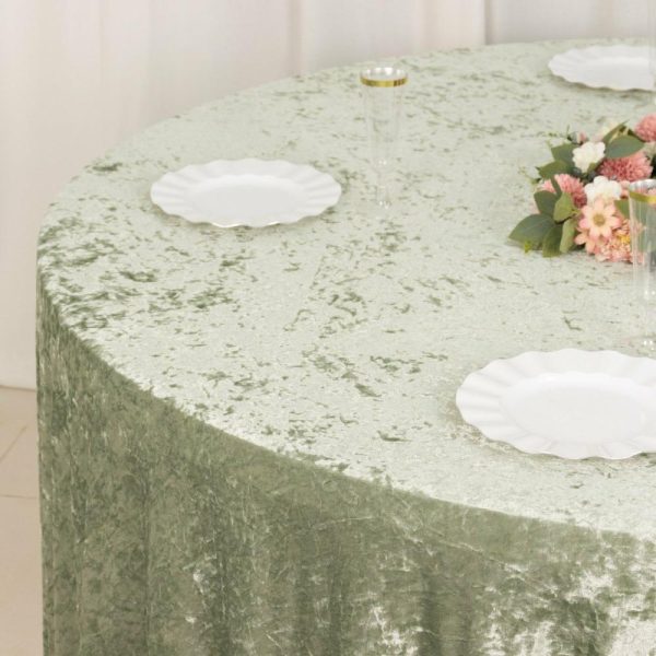 Taffeta & Velvet |  120″ Sage Green Seamless Premium Crushed Velvet Round Tablecloth for 5 Foot Table With Floor-Length Drop