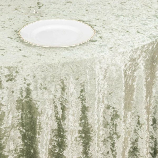 Taffeta & Velvet |  120″ Sage Green Seamless Premium Crushed Velvet Round Tablecloth for 5 Foot Table With Floor-Length Drop