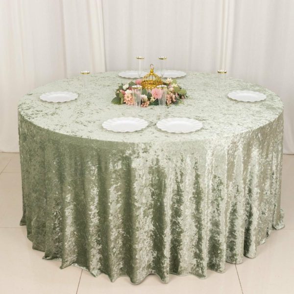 Taffeta & Velvet |  120″ Sage Green Seamless Premium Crushed Velvet Round Tablecloth for 5 Foot Table With Floor-Length Drop