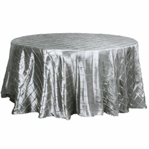 Taffeta & Velvet |  120″ Silver Pintuck Round Seamless Tablecloth for 5 Foot Table With Floor-Length Drop