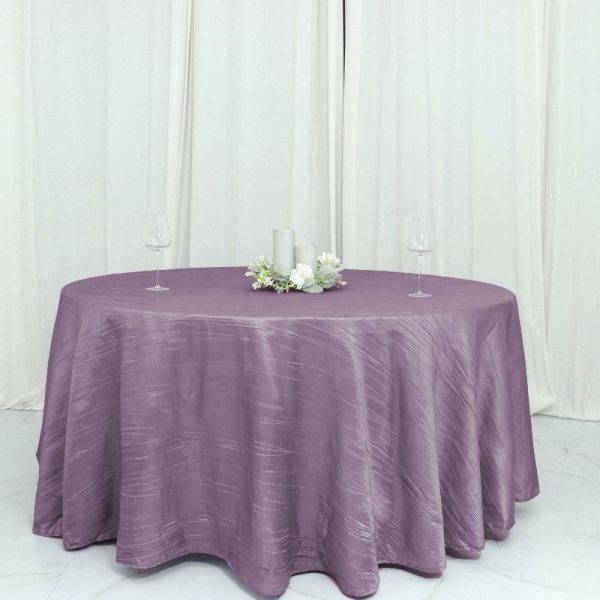 Taffeta & Velvet |  120″ Violet Amethyst Seamless Accordion Crinkle Taffeta Round Tablecloth for 5 Foot Table With Floor-Length Drop