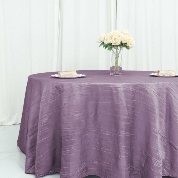 Taffeta & Velvet |  120″ Violet Amethyst Seamless Accordion Crinkle Taffeta Round Tablecloth for 5 Foot Table With Floor-Length Drop