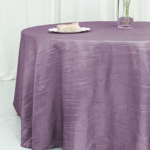 Taffeta & Velvet |  120″ Violet Amethyst Seamless Accordion Crinkle Taffeta Round Tablecloth for 5 Foot Table With Floor-Length Drop