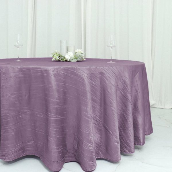 Taffeta & Velvet |  120″ Violet Amethyst Seamless Accordion Crinkle Taffeta Round Tablecloth for 5 Foot Table With Floor-Length Drop