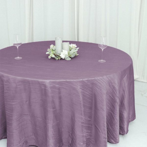 Taffeta & Velvet |  120″ Violet Amethyst Seamless Accordion Crinkle Taffeta Round Tablecloth for 5 Foot Table With Floor-Length Drop