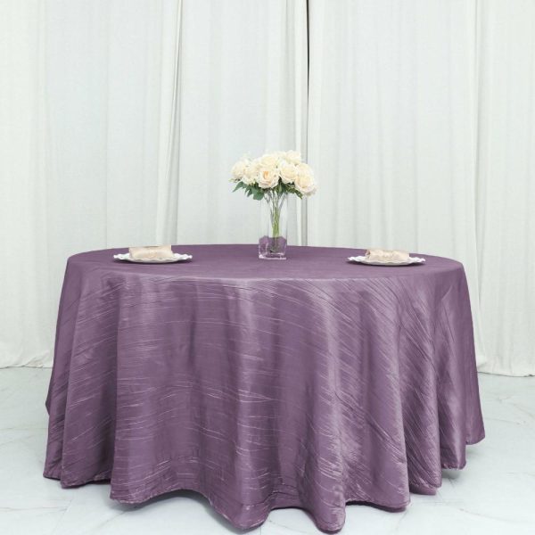 Taffeta & Velvet |  120″ Violet Amethyst Seamless Accordion Crinkle Taffeta Round Tablecloth for 5 Foot Table With Floor-Length Drop