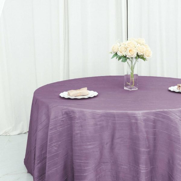 Taffeta & Velvet |  120″ Violet Amethyst Seamless Accordion Crinkle Taffeta Round Tablecloth for 5 Foot Table With Floor-Length Drop