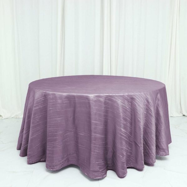 Taffeta & Velvet |  120″ Violet Amethyst Seamless Accordion Crinkle Taffeta Round Tablecloth for 5 Foot Table With Floor-Length Drop