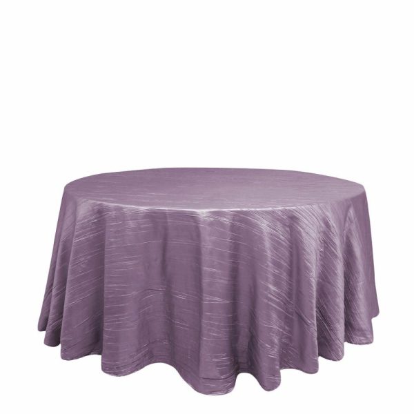 Taffeta & Velvet |  120″ Violet Amethyst Seamless Accordion Crinkle Taffeta Round Tablecloth for 5 Foot Table With Floor-Length Drop