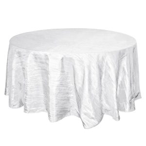 Taffeta & Velvet |  120″ White Seamless Accordion Crinkle Taffeta Round Tablecloth for 5 Foot Table With Floor-Length Drop