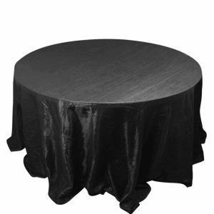 Taffeta & Velvet |  132″ Black Accordion Crinkle Taffeta Seamless Round Tablecloth for 6 Foot Table With Floor-Length Drop