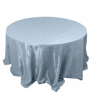 Taffeta & Velvet |  132″ Dusty Blue Accordion Crinkle Taffeta Seamless Round Tablecloth for 6 Foot Table With Floor-Length Drop