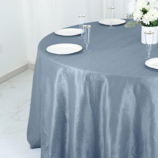 Taffeta & Velvet |  132″ Dusty Blue Accordion Crinkle Taffeta Seamless Round Tablecloth for 6 Foot Table With Floor-Length Drop