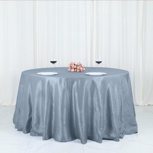 Taffeta & Velvet |  132″ Dusty Blue Accordion Crinkle Taffeta Seamless Round Tablecloth for 6 Foot Table With Floor-Length Drop