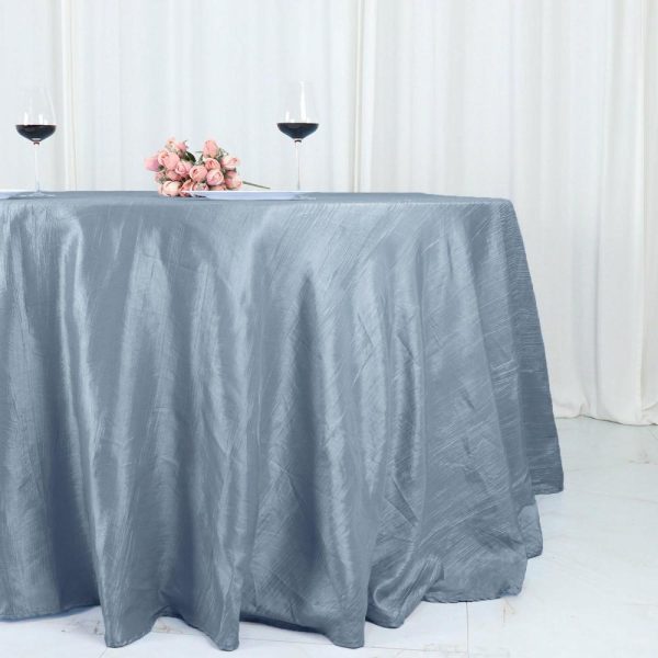 Taffeta & Velvet |  132″ Dusty Blue Accordion Crinkle Taffeta Seamless Round Tablecloth for 6 Foot Table With Floor-Length Drop