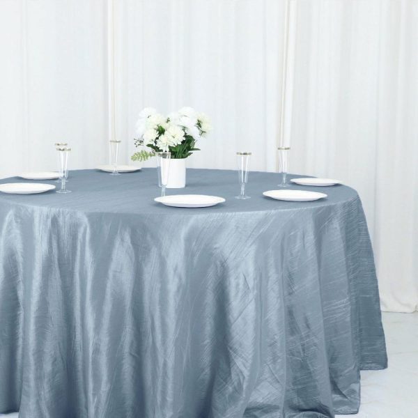 Taffeta & Velvet |  132″ Dusty Blue Accordion Crinkle Taffeta Seamless Round Tablecloth for 6 Foot Table With Floor-Length Drop