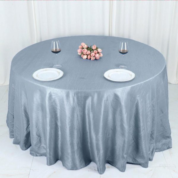 Taffeta & Velvet |  132″ Dusty Blue Accordion Crinkle Taffeta Seamless Round Tablecloth for 6 Foot Table With Floor-Length Drop