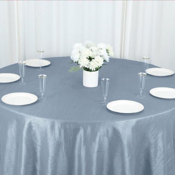 Taffeta & Velvet |  132″ Dusty Blue Accordion Crinkle Taffeta Seamless Round Tablecloth for 6 Foot Table With Floor-Length Drop