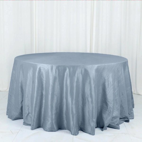 Taffeta & Velvet |  132″ Dusty Blue Accordion Crinkle Taffeta Seamless Round Tablecloth for 6 Foot Table With Floor-Length Drop