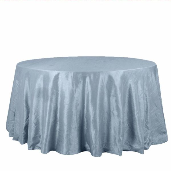 Taffeta & Velvet |  132″ Dusty Blue Accordion Crinkle Taffeta Seamless Round Tablecloth for 6 Foot Table With Floor-Length Drop