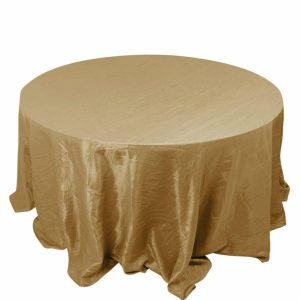 Taffeta & Velvet |  132″ Gold Accordion Crinkle Taffeta Seamless Round Tablecloth for 6 Foot Table With Floor-Length Drop