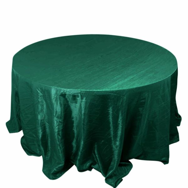 Taffeta & Velvet |  132″ Hunter Emerald Green Accordion Crinkle Taffeta Seamless Round Tablecloth for 6 Foot Table With Floor-Length Drop