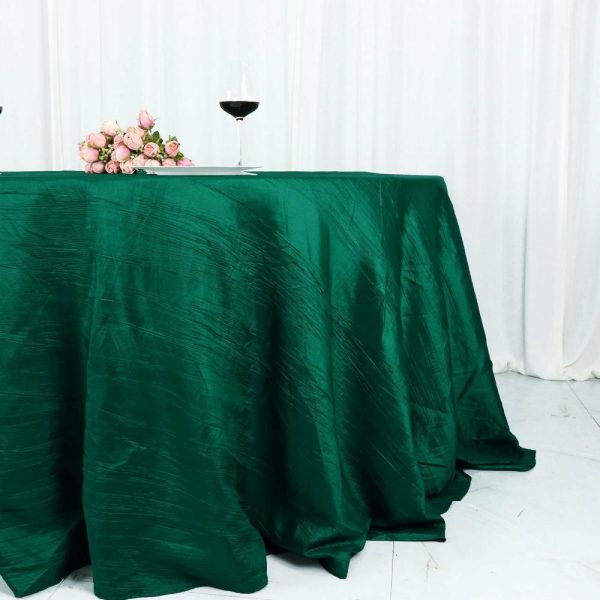 Taffeta & Velvet |  132″ Hunter Emerald Green Accordion Crinkle Taffeta Seamless Round Tablecloth for 6 Foot Table With Floor-Length Drop