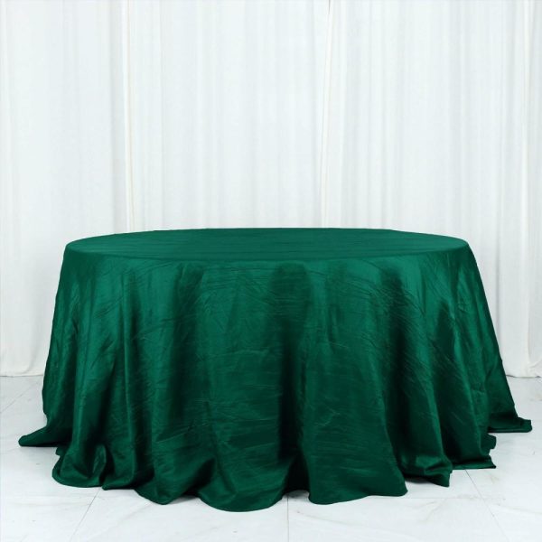 Taffeta & Velvet |  132″ Hunter Emerald Green Accordion Crinkle Taffeta Seamless Round Tablecloth for 6 Foot Table With Floor-Length Drop