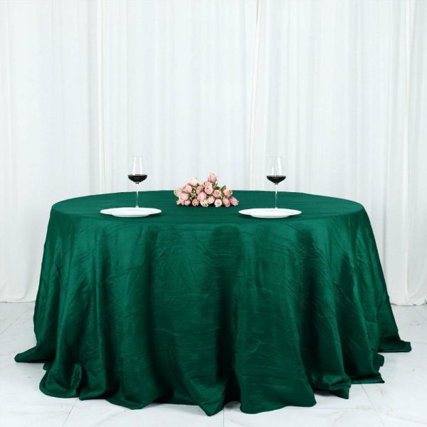 Taffeta & Velvet |  132″ Hunter Emerald Green Accordion Crinkle Taffeta Seamless Round Tablecloth for 6 Foot Table With Floor-Length Drop