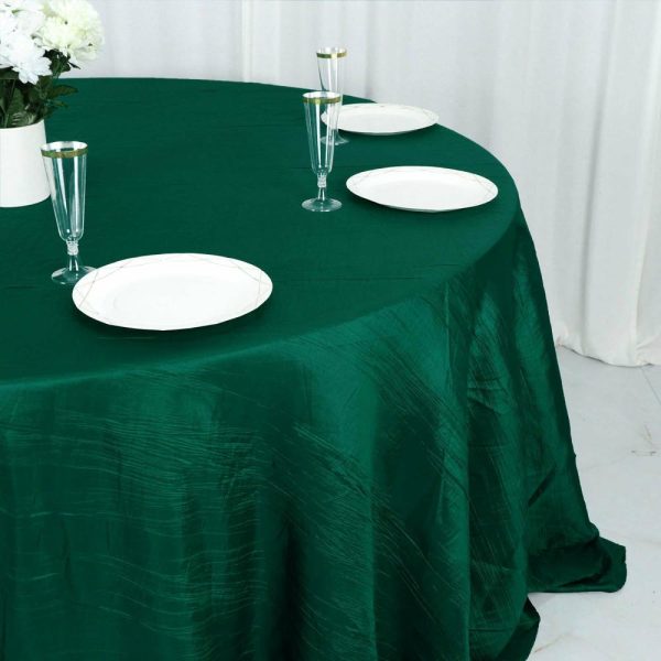 Taffeta & Velvet |  132″ Hunter Emerald Green Accordion Crinkle Taffeta Seamless Round Tablecloth for 6 Foot Table With Floor-Length Drop