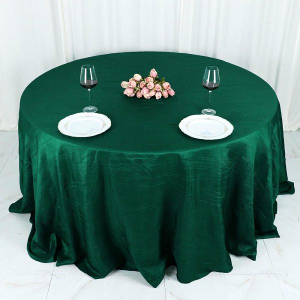 Taffeta & Velvet |  132″ Hunter Emerald Green Accordion Crinkle Taffeta Seamless Round Tablecloth for 6 Foot Table With Floor-Length Drop