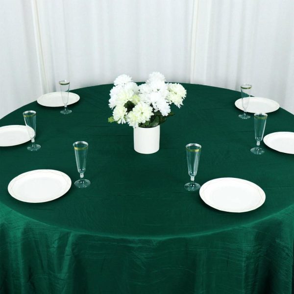 Taffeta & Velvet |  132″ Hunter Emerald Green Accordion Crinkle Taffeta Seamless Round Tablecloth for 6 Foot Table With Floor-Length Drop