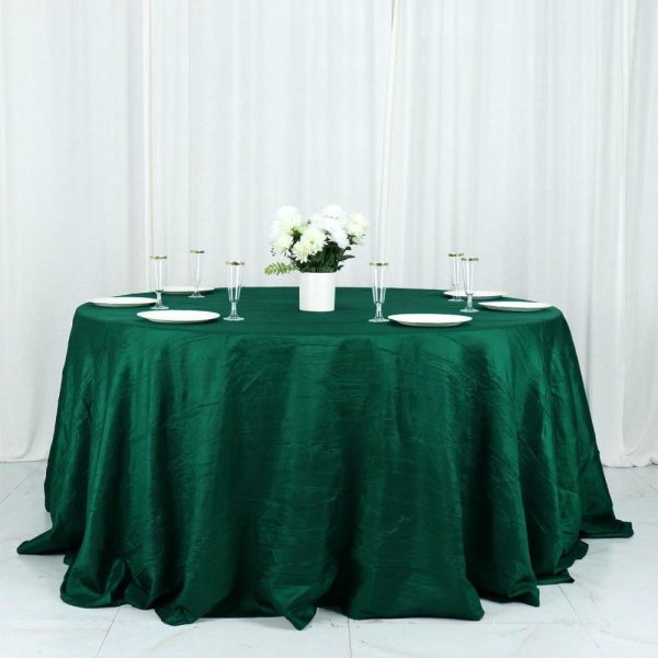 Taffeta & Velvet |  132″ Hunter Emerald Green Accordion Crinkle Taffeta Seamless Round Tablecloth for 6 Foot Table With Floor-Length Drop