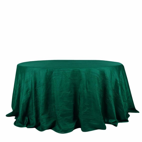 Taffeta & Velvet |  132″ Hunter Emerald Green Accordion Crinkle Taffeta Seamless Round Tablecloth for 6 Foot Table With Floor-Length Drop