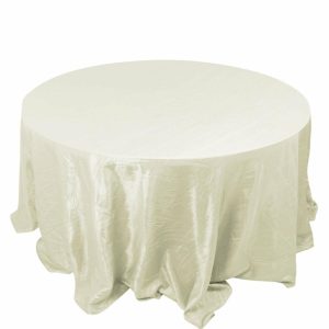 Taffeta & Velvet |  132″ Ivory Accordion Crinkle Taffeta Seamless Round Tablecloth for 6 Foot Table With Floor-Length Drop