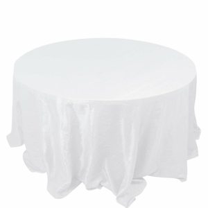 Taffeta & Velvet |  132″ White Accordion Crinkle Taffeta Seamless Round Tablecloth for 6 Foot Table With Floor-Length Drop