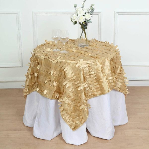 Taffeta & Velvet |  54″ Champagne 3D Leaf Petal Taffeta Fabric Seamless Square Table Overlay