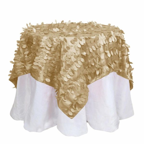 Taffeta & Velvet |  54″ Champagne 3D Leaf Petal Taffeta Fabric Seamless Square Table Overlay