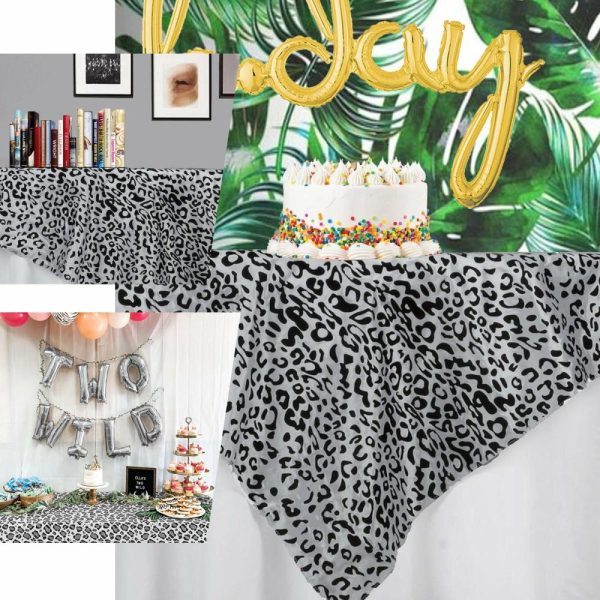 Taffeta & Velvet |  90″ Black White Leopard Print Taffeta Square Table Overlay