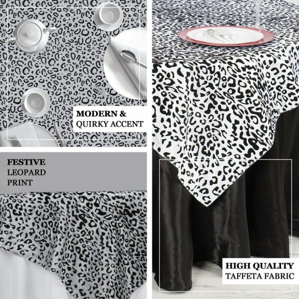 Taffeta & Velvet |  90″ Black White Leopard Print Taffeta Square Table Overlay