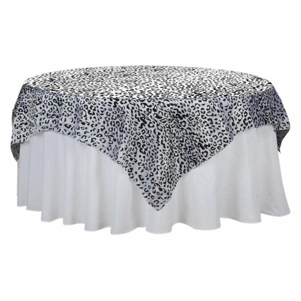 Taffeta & Velvet |  90″ Black White Leopard Print Taffeta Square Table Overlay