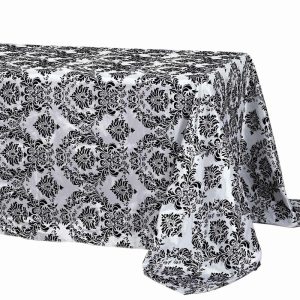 Taffeta & Velvet |  90″x132″ Black Seamless Rectangle Velvet Flocking Design Taffeta Damask Tablecloth for 6 Foot Table With Floor-Length Drop