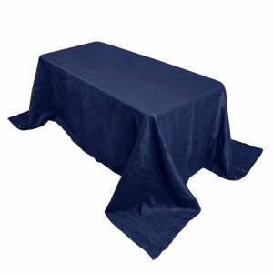 Taffeta & Velvet |  90″x132″ Navy Blue Accordion Crinkle Taffeta Seamless Rectangular Tablecloth for 6 Foot Table With Floor-Length Drop