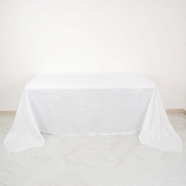 Taffeta & Velvet |  90″x132″ White Accordion Crinkle Taffeta Seamless Rectangular Tablecloth for 6 Foot Table With Floor-Length Drop