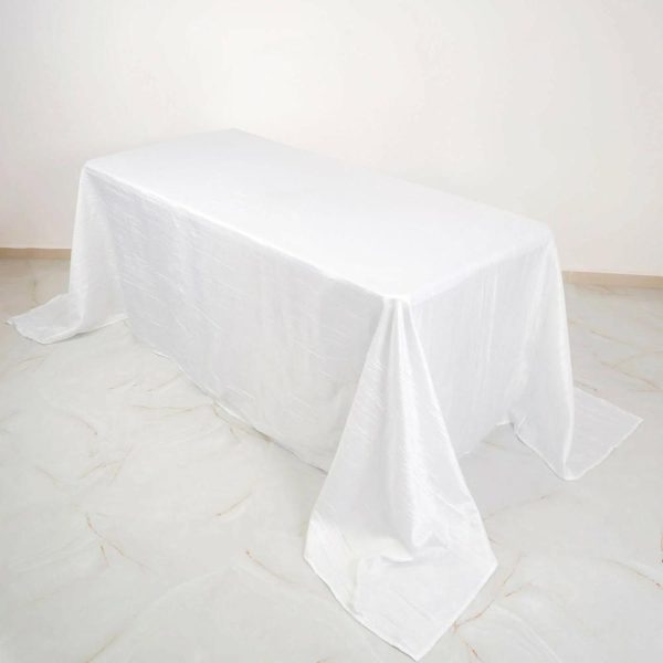 Taffeta & Velvet |  90″x132″ White Accordion Crinkle Taffeta Seamless Rectangular Tablecloth for 6 Foot Table With Floor-Length Drop