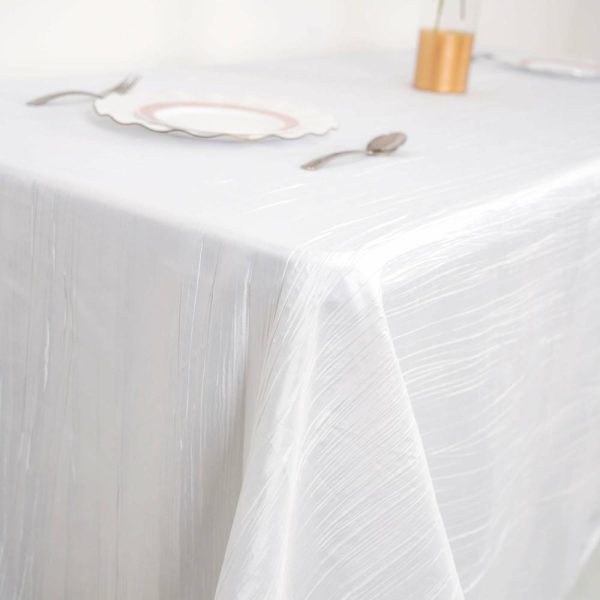 Taffeta & Velvet |  90″x132″ White Accordion Crinkle Taffeta Seamless Rectangular Tablecloth for 6 Foot Table With Floor-Length Drop