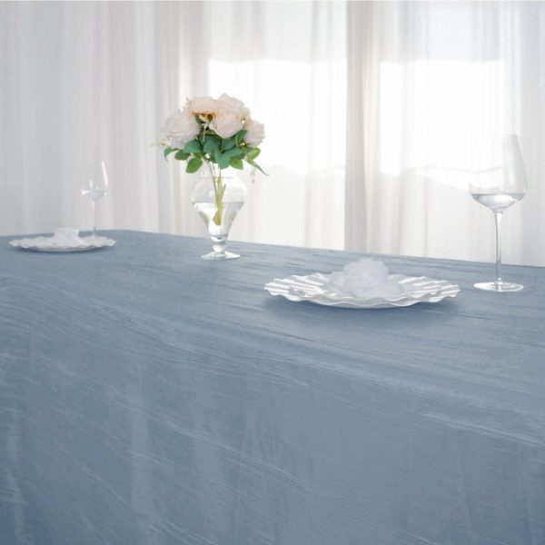 Taffeta & Velvet |  90″x156″ Dusty Blue Accordion Crinkle Taffeta Seamless Rectangular Tablecloth for 8 Foot Table With Floor-Length Drop