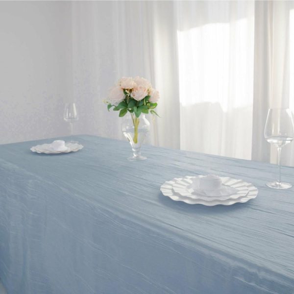 Taffeta & Velvet |  90″x156″ Dusty Blue Accordion Crinkle Taffeta Seamless Rectangular Tablecloth for 8 Foot Table With Floor-Length Drop